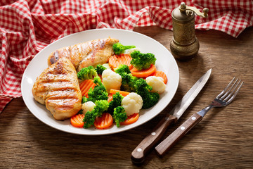 plate of grilled chicken with vegetables