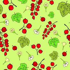 Seamless pattern with botany elements. Vector hand drawn illustrationEndless texture with red currant berries, leaves, flowers.