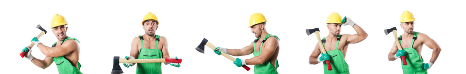 Worker with axe isolated on white