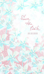 Festive spring Invitation card with abstract small light blue flowers and handwritten lettering Save the Date on pink background. Softness spring Vector web banner template.