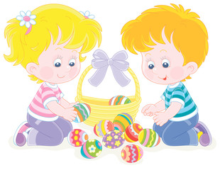 Fototapeta na wymiar Happy little children putting colorfully painted eggs in an Easter basket decorated with a beautiful bow, vector cartoon illustration on a white background