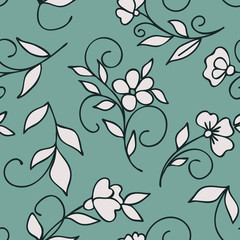 Seamless floral pattern of small decorative flowers in folk style. Botanical hand drawn illustration. Design for packaging, weddings cards, fabrics, textiles, website