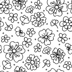 Monochrome seamless floral pattern of decorative flowers in folk style. Botanical hand drawn illustration. Design for packaging, weddings cards, fabrics, textiles, website