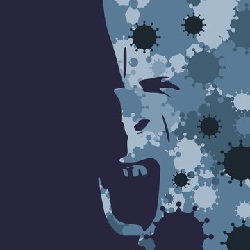 Silhouette Of A Zombie Head. Health Relative Brochure, Report Or Leaflet Design Template. Scientific Medical Designs. Virus Outbreak Concept. Group Of Viruses On Backdrop. Double Exposure Effect