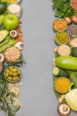 Healthy food concept, green red  vegetables, seeds nuts.