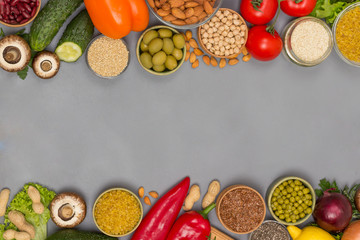 Balanced food set, green red vegetables, seeds nuts