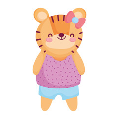 cute female tiger with clothes and bow animal cartoon character