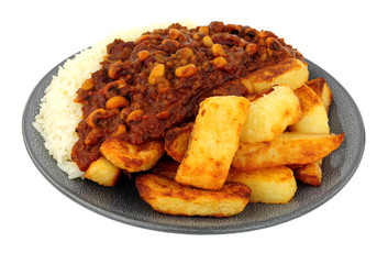 Chilli con carne meal with half chips and half rice isolated on a white background