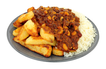 Chilli con carne meal with half chips and half rice isolated on a white background