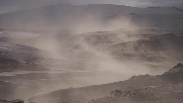 Volcanic landscape during ash storm on the Fimmvorduhals hiking trail. Iceland. Up to 30 miter per second 