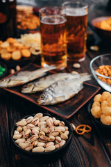 beer and snacks. bar table. restaurant, pub, oktoberfest food. friday party atmosphere, craft brewery concept