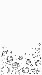 Cosmos template for stories, empty space for text. Hand-drawn doodle stars and planets of the solar system. Vertical format, painted door. Stock vector illustration isolated on transparent background.