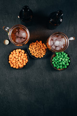 beer and snacks. bar table. restaurant, pub, oktoberfest food. friday party atmosphere, craft brewery concept