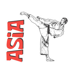 Young Japanese or Chinese Man Standing in Karate Pose Vector Illustration