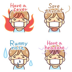 風邪の症状（熱・のど・鼻・頭痛）のイラスト（男性・英語版）
