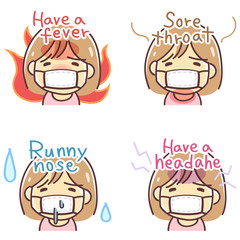 風邪の症状（熱・のど・鼻・頭痛）のイラスト（女性・英語版）