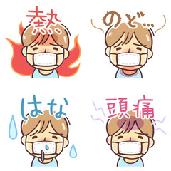 風邪の症状（熱・のど・鼻・頭痛）のイラスト（男性）