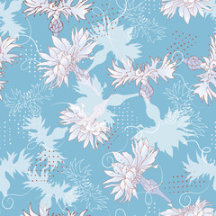 Blue floral background with cornflowers. Vector geometric seamless pattern. Bright flower banner.