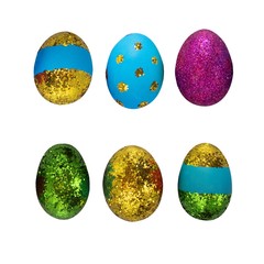 Set of Easter eggs. Eggs with glitter. Flat lay, Top view