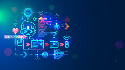 A smiling clever boy with idea symbol bulb is programming on laptop in computer language scratch. Teaching children in kids coding school. Learning to create computer, mobile phone apps for teen.