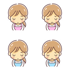 「頭を下げるエプロンの女性」のデフォルメイラスト（保育士・主婦・店員など）