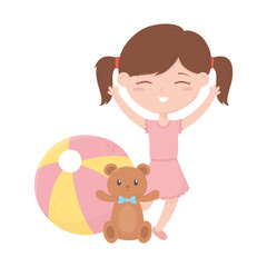kids zone, cute little girl with teddy bear and ball toys