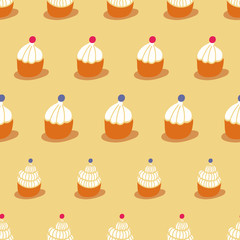 Simple frosted cupcakes seamless vector pattern. Dessert food surface print design. Great for brithday cards, invitations, wrapping paper, and packaging.