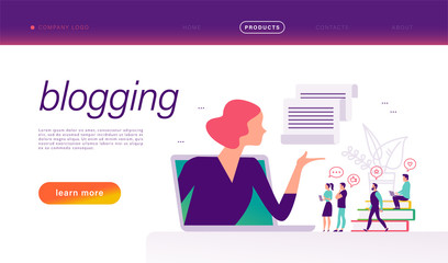 Blogging concept with tiny people, laptop and social media review and feedback icons. Landing page design template, web interface, mobile app. Vector flat illustration.