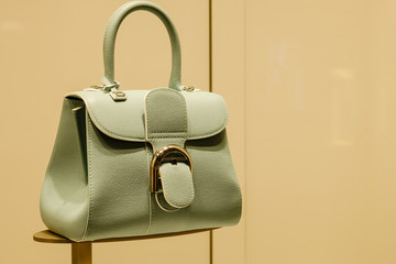 vintage style grey green color women handbag display on shelf