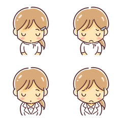 「お詫びをする医療関係の女性」のデフォルメイラスト（医師・看護師・歯科助手など）