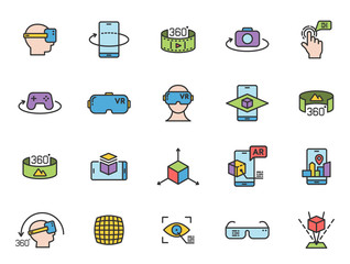 Augmented reality filled outline icon set. AR and VR two color line icons isolated on white background. Virtual and augmented reality vector illustrations for web, mobile app, ui design and print.