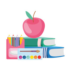 back to school apple books pencils color and watercolor palette cartoon