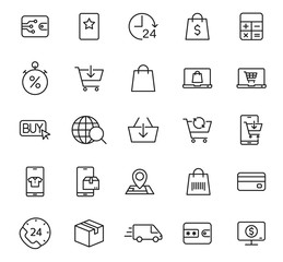 E shopping outline vector icons isolated on white background. E shopping commercial business line icon set for web, mobile apps, ui design and print products
