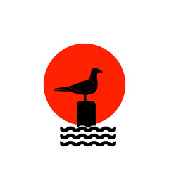 Sun sea and seagulls icon isolated on white background