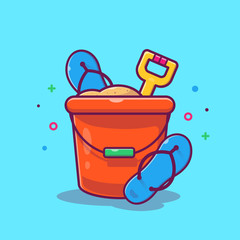 Sand Bucket And Flip Flops Vector Icon Illustration. Summer Beach. Holiday Icon Concept White Isolated. Flat Cartoon Style Suitable for Web Landing Page, Banner, Flyer, Sticker, Card