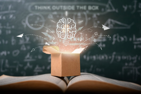 think outside the box on school green blackboard . startup  education concept. creative idea. leadership.