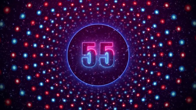 60 Seconds Countdown Circle Neon Light Inside Red And Blue Dotted Line Circles Tunnel Motion Against Dark Red Purple Glitter Starry Sky Background