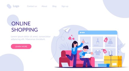 Online shopping. A man and a woman shop at an online store sitting on a couch. The product catalog on the web browser page. Shopping boxes. Landing web page template.