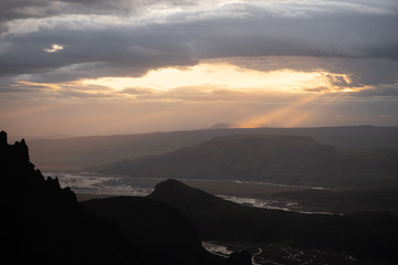 Canyon and Mountain peak during dramatic and colorful sunset on the Fimmvorduhals Hiking trail near Thorsmork