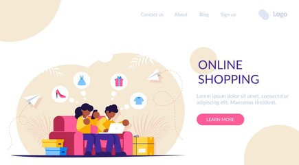 Online shopping. Girl and a guy are sitting on the couch with a laptop and a phone in their hands. Shopping at an online store. Shopping boxes. Landing web page template.