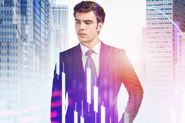 Confident young trader in city, digital graph