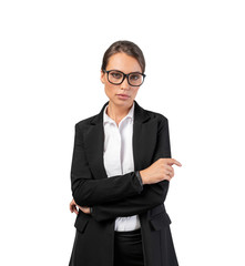 Confident young businesswoman in glasses, isolated