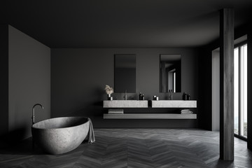 Fototapeta na wymiar Gray bathroom with stone tub and column