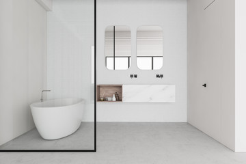 Obraz na płótnie Canvas White and glass bathroom interior with marble sink
