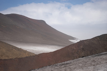Volcanic landscape with glacier, rocks and ash on the Fimmvorduhals hiking trail. Iceland