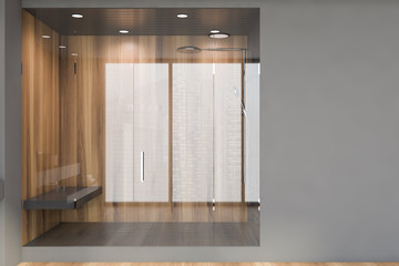 Grey and wooden shower stall