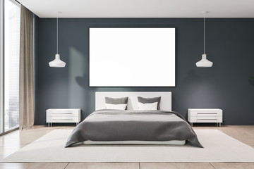 Dark grey master bedroom interior with poster