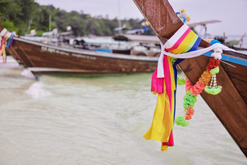 Bow of traditional thai wooden longtail boat.