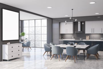 Gray and blue kitchen corner with poster