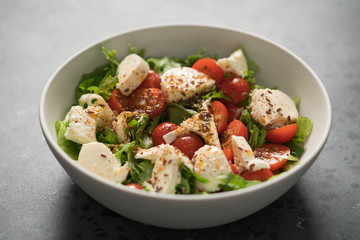 Salad with cherry tomatoes, mozzarella and frisee leaves in white bowl on concrete background